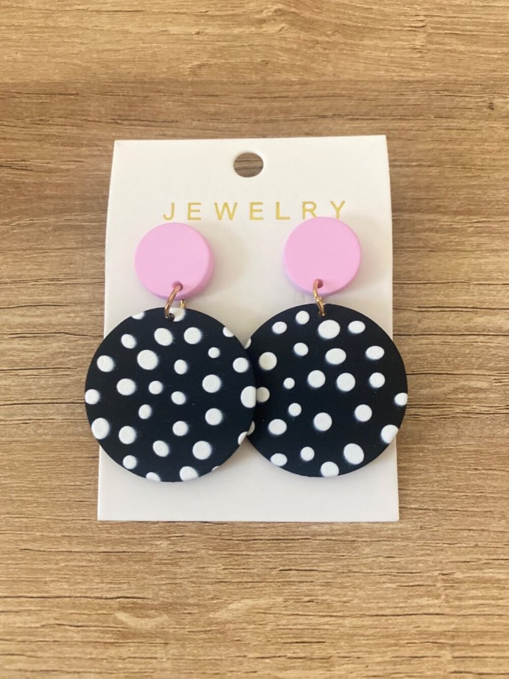 New Polka Dot Statement Earrings Pink & Black Round Dangle Design